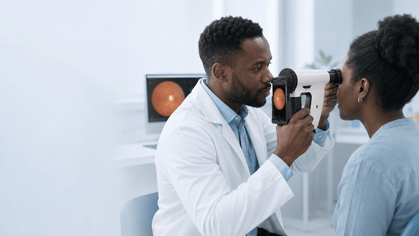 Eye-care professional supporting a patient during retinal assessment